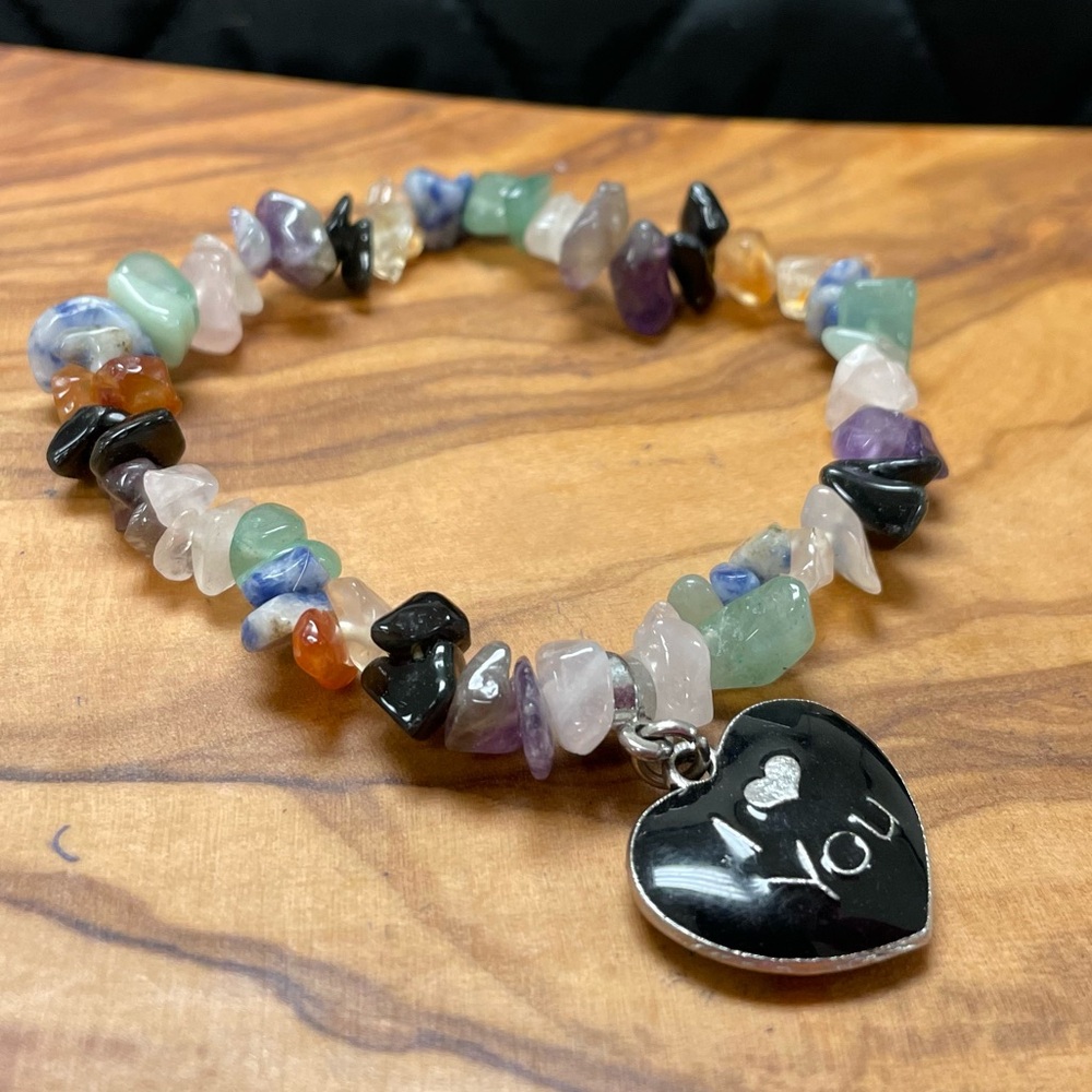 Multicolor Gemstone Bracelet with I Love You Heart Charm